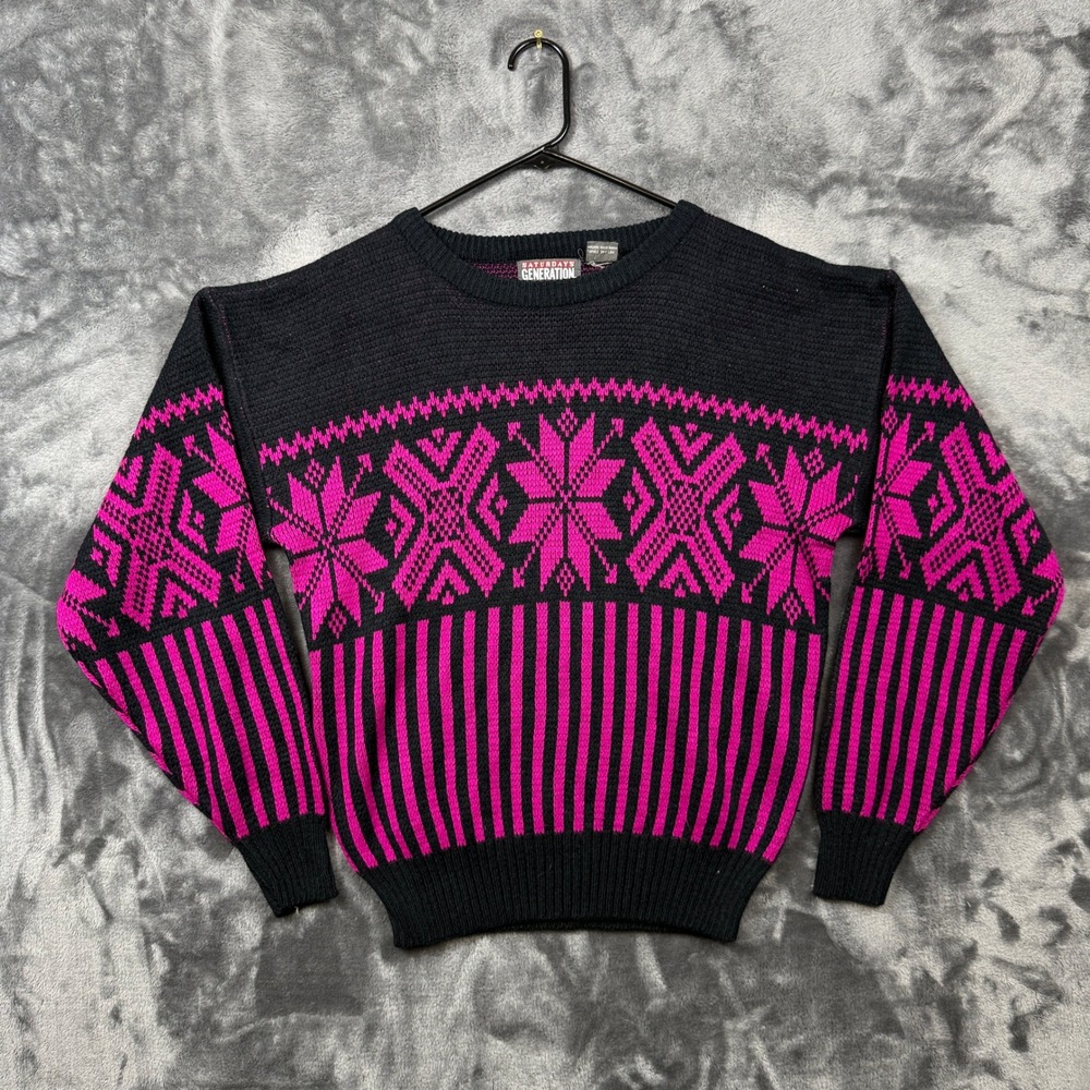 Saturdays Generation Sweater Mens Small Black Pink Excellent Vintage Geometric